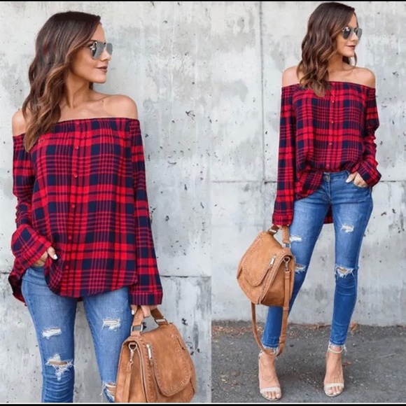 Tops - Plaid Off Shoulder Top